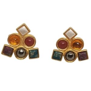 VINTAGE MATTE GOLDTONE & JEWEL TONE CABACHON GEOMETRIC DESIGN MENS CUFFLINKS